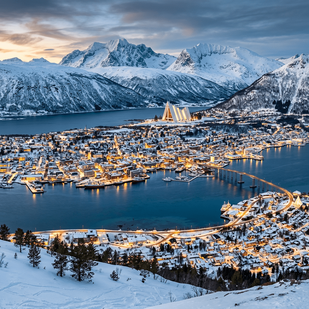 Evening aerial view of Tromsø city with snowy mountains and Arctic Cathedral by the water